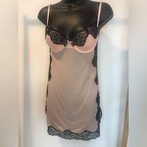 Victoria's Secret Sheer PINK NIGHTIE SLIP Black Lace 34C
